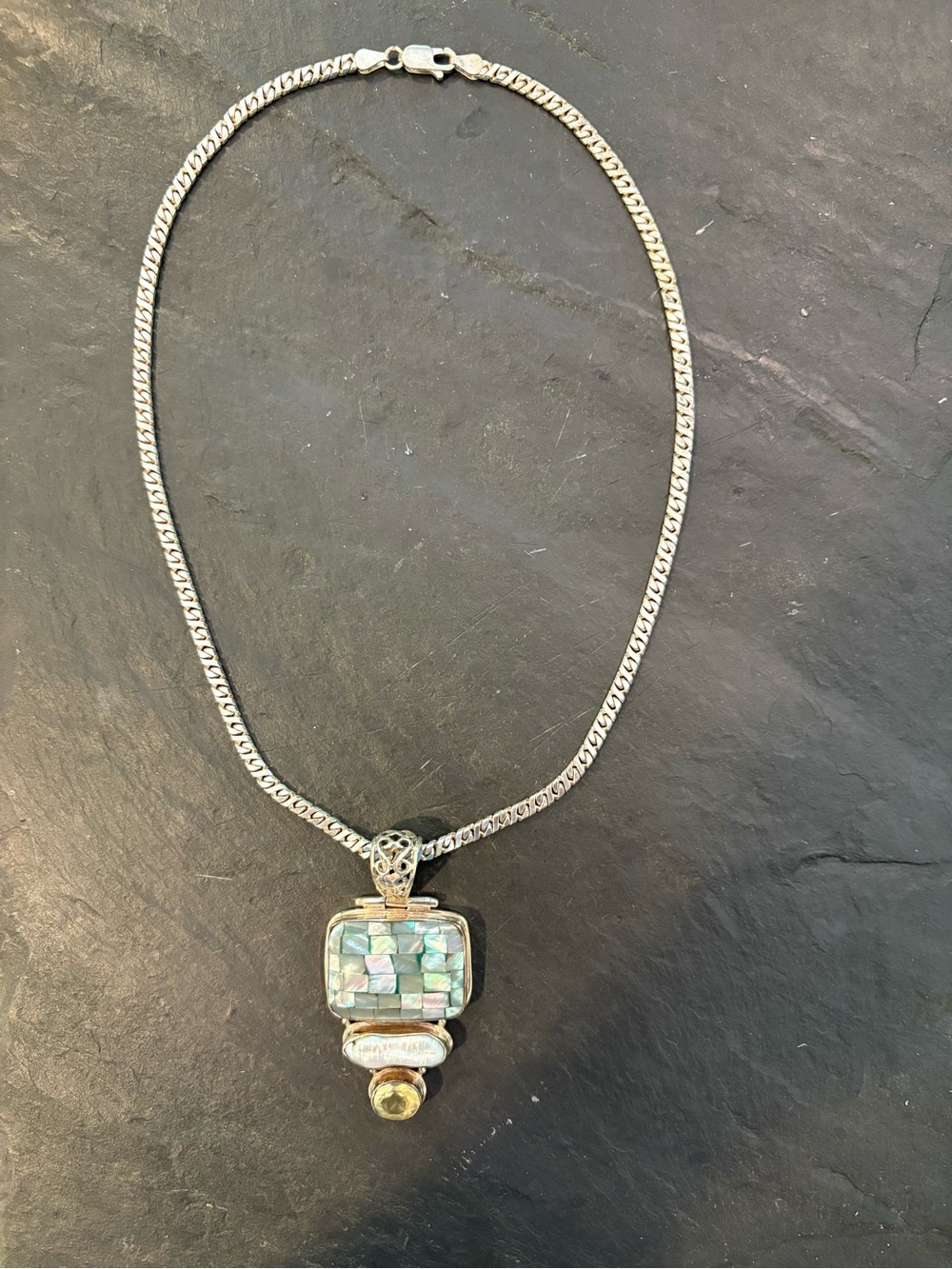 20 inch Silver tone Abalone Mosaic Pendant Necklace - Iridescent, IBB chain